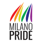 Logotipo de Milano Pride con colores del arcoíris y texto en negro, representando la diversidad y la inclusión.